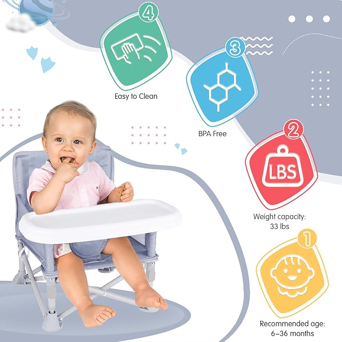 Furmubei Portable Baby Booster Seat with Tray, Toddler Booster seat for Dining, Camping, Travel, Baby Beach Chair 6 Months to 3 Years Old Indoor Outdoor Use Grey