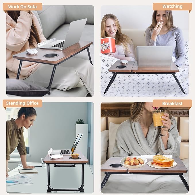 Adjustable Lap Desk for Bed - Portable Laptop Tray Table with Foldable Legs, Phone Slot & Cup Holder - Lightweight & Sturdy Breakfast, Work, Study Table for Sofa, Couch, Floor