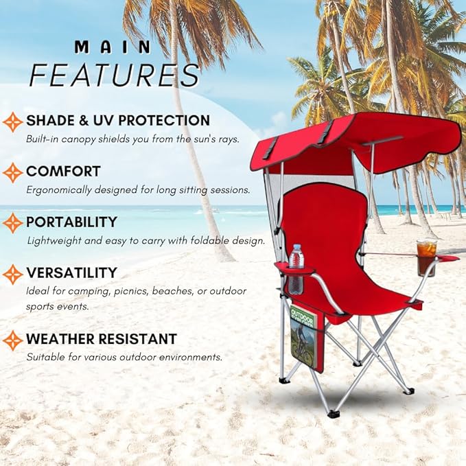 CozyBox Portable Folding Camping Chairs with Canopy Shade, Beach Chair for Adults, Durable Weather Resistant 600D Oxford Cloth, Camping Chair with Canopy for Outdoors [Red]