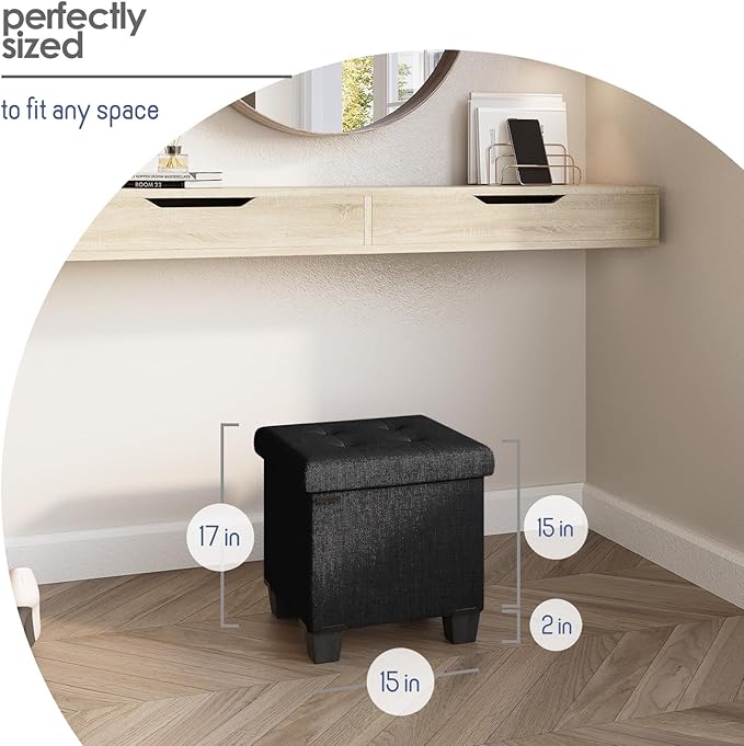 Storage Ottoman Cube with Small Bin, 16-in Square Ottoman with Storage for Living Room and Bedroom, Small Ottomans Foot Rest, Fabric Foot Stools Ottomans Max 330lbs, Black