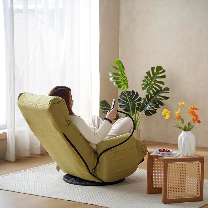 Lounge Sofa Chair with Side Pocket Armrests & Phone Holder. Gaming Chair for TV, Reading,Video,Games.Indoor Floor Chaise in Livingroom, Bedroom.Adjustable Foldable Backres&360° Swivel (Green1)
