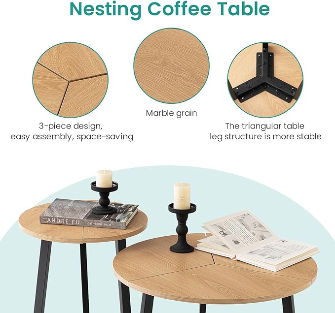SUNBURY Coffee Table Nesting Wood Set of 2, Round Coffee Table 23.6", Side Tables for Living Room Bedroom Balcony Yard