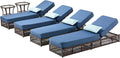 ACTREST Luxury Outdoor Chaise Lounge Chairs of 4 with 5 Inch Thick Cushions and Side Table - 6 PCS High Back Brown Wicker Patio Recliners Lounger Furniture Set for Poolside Sunbathing - Navy Blue