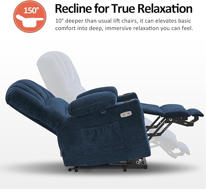 MCombo Power Lift Recliner Chair for Elderly, Lift Chair with Heat and Massage, USB &Type C Ports, Cup Holders, Fabric 7095 (Medium, Navy Blue)