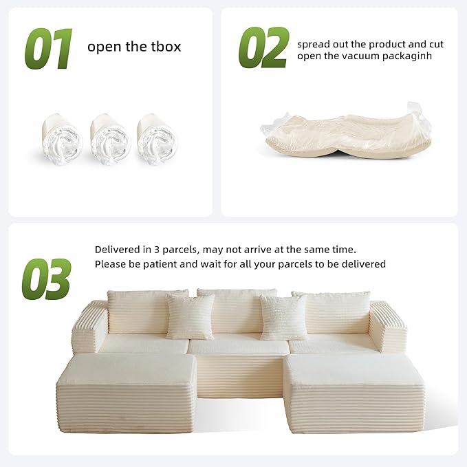 110" Modular Sectional Couch with 2 Movable Ottoman, Cloud Sofa Couches for Living Room, U Shaped Deep Seat Boneless Sofa,Luxury Corduroy Fabric, No Assembly Required White