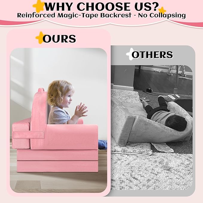 ORWIPO Unicorn Kids Sofa Bed with Removable Washable Cover & Hook and Loop Backrest – Foldable Toddler Chair, Cozy Crystal Velvet Furniture for Playtime, Naps & Travel (Pink, Unicorn Design)