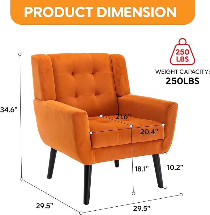 OO BY ORANGE ONLINE Set of 2 Velvet Accent Chair, Mid-Century Modern Tufted Armchair for Living Room, Bedroom & Office (Orange)