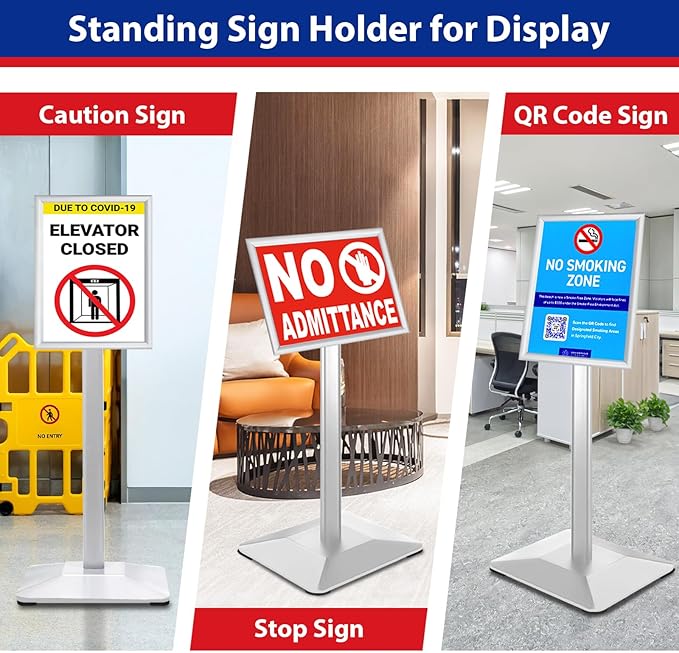 VAIIGO Sign Stand 8.5x11inch Pedestal Sign Holder Poster Stand 3Packs Adjustable Floor Standing Sign Holder with Heavy Duty Display Stand for Indoor Outdoor Business Store Sign Holders(Silver)
