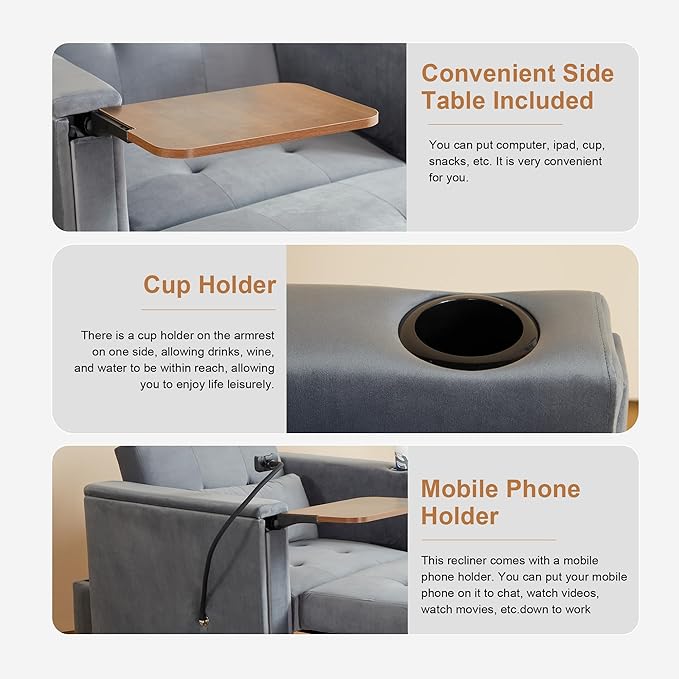 ORRD Convertible Chair Bed, 3-in-1 Multi-Functional Velvet Sleeper Sofa Pull-Out Couch Chair Bed with Adjustable Backrest and Hidden Side Table for Living Room, Small Space, Apartment (Grey)