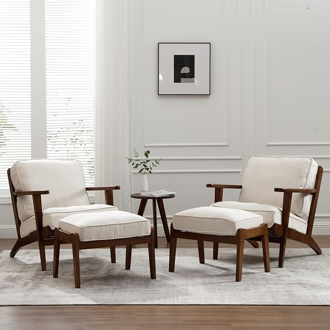 chairus Mid-Century Modern Accent Chairs with Ottoman Set of 2 Linen Fabric Upholstered Living Room Chairs for Bedroom Reading Room Lounge with Arm & Solid Wood Frame, Fabric Beige