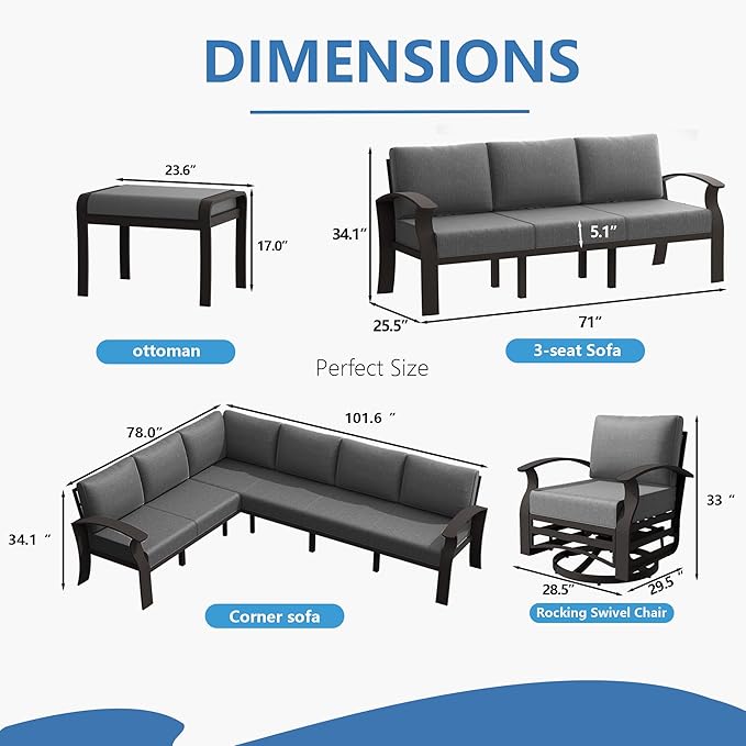 RTDTD Aluminum Outdoor Patio Furniture Set,11 Seats Patio Conversation Sets with 45" Propane Fire Pit Table,Metal Patio Sectional Furniture Set with 5.1" Thickened Cushions,Grey
