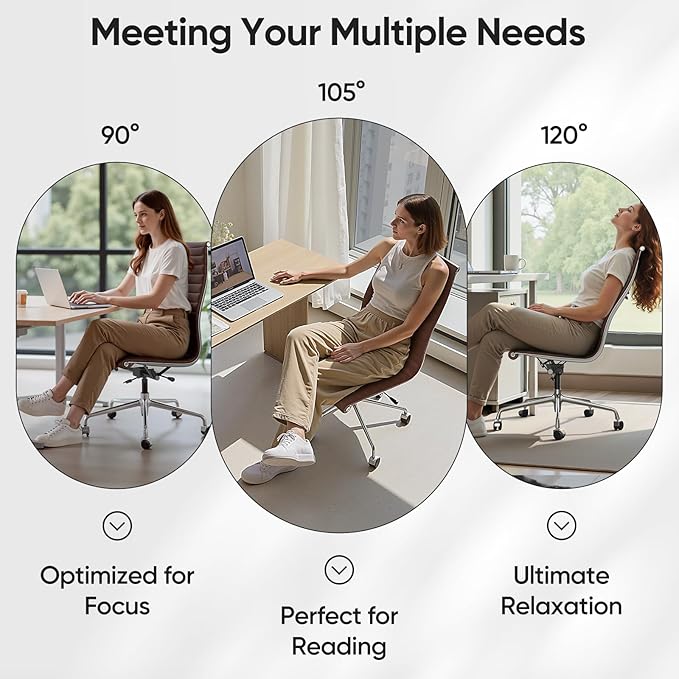 OTDMEL Armless Ribbed Office Desk Chair with Top Grain Leather, High Back Ergonomic Swivel Room Chair, Adjustable Height 5-Star Base, Brown