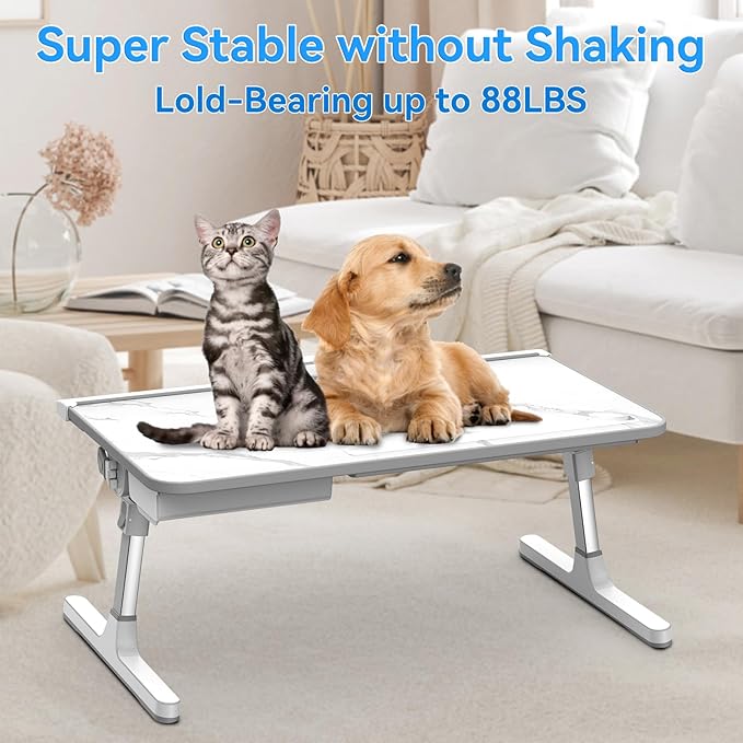 Laptop Bed Tray Table, Adjustable Sturdy Laptop Stand for Bed with Premium Materials, Folding Portable Lap Desk with Drawer for Writing Working Reading Eating Couch Floor (Marble, 23.6"×14")