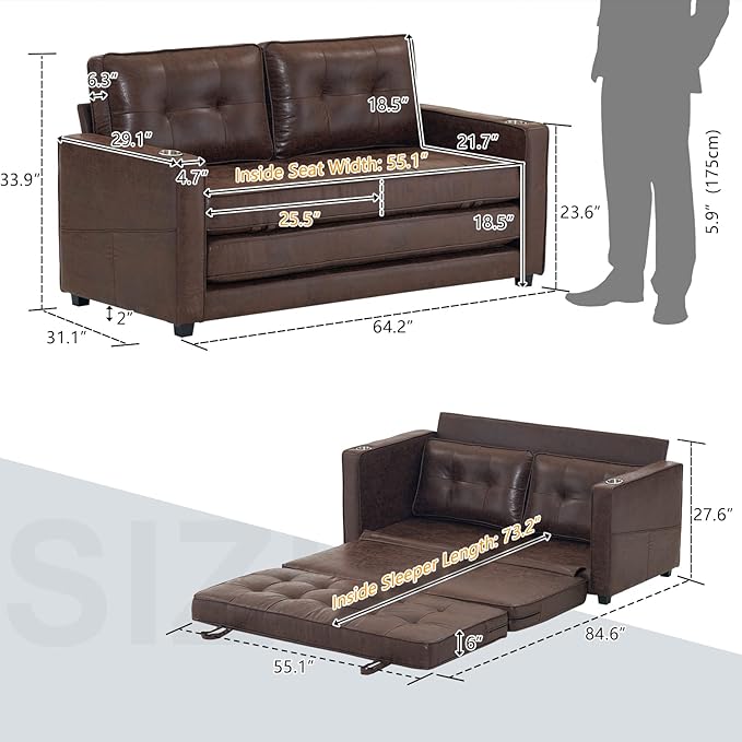 VINGLI Upgraded 64" W 84" L Full Size Futon Sofa Bed, 6" Thick Upholstery Rustic Microfiber Loveseat Sofa Sleeper Pull Out Couch,Convertible Floor Couch for Living Room, Bedroom, Entertainment Room