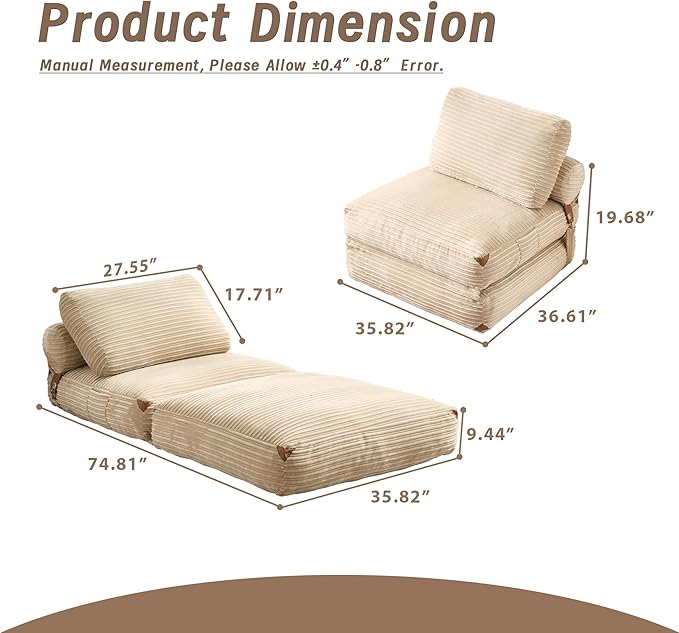 CAODOC Folding Sofa Bed Convertible Sleeper Chair with Pillow, Foldable Mattress Lounge Chair for Living Room Bedroom, Portable Guest Bed Beige