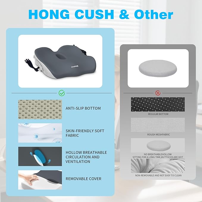 Memory Foam Seat Cushion for Office Chair & Car Seat, Sciatica & Tailbone Pain Relief, Orthopedic Coccyx Cushion with Non-Slip Bottom