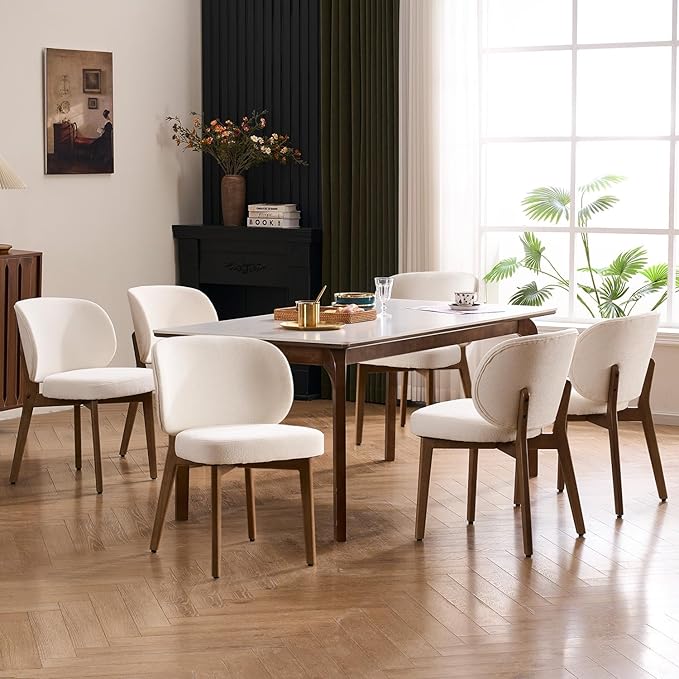 YOUNUOKE Boucle Dining Chairs Set of 6, Mid Century Modern Chenille Dining Room Chair with Soild Wood Legs, Upholstered Widen Backrest Comfy Armless Side Kitchen Chairs, Beige