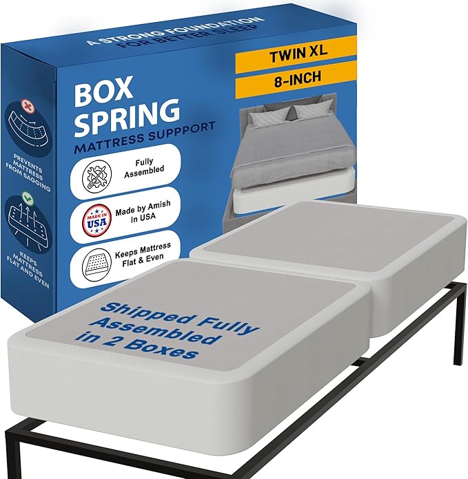 Greaton, Box Spring Bed Base Twin XL Size, 8-Inch Wood Mattress Foundation – Amish Made in USA – Quiet Noise Free, 2-Pieces Under Mattress-Support BoxSpring, Fully Assembled, White
