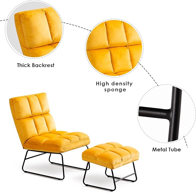 MCombo Velvet Accent Chair with Ottoman Set, Modern Armless Chair for Living Room, Bedroom, Small Space 0014 (Velvet, Yellow)