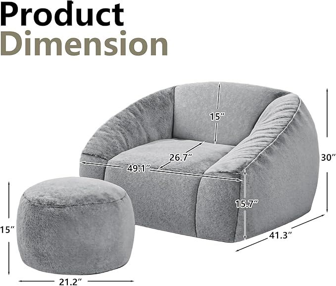 Bean Bag Chairs with Ottoman for Adults, Comfy Beanbag Chair with High-Resilience Foam, Oversized Bean Bag Sofa with Soft Faux Fur Fabric, Bean Bag Chair for Living Room,Bedroom,Light Grey