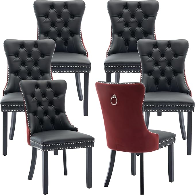 YeahFurn Modern Dining Chairs Set of 6, Tufted Upholstered Dining Room Chairs with Nailhead, PU Leather Front & Velvet Back, Solid Wood Legs, Kitchen Chairs, Sillas de Comedor (Black & Burgundy)