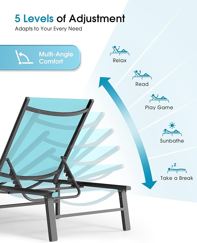 Ciokea Aluminum Outdoor Lounge Chair Set of 4- No Assembly Needed, Foldable Patio Chaise Lounge with 5 Adjustable Positions, Reinforced Frame for Extra Durability, Pool Beach Lounge Chair,Lake Blue