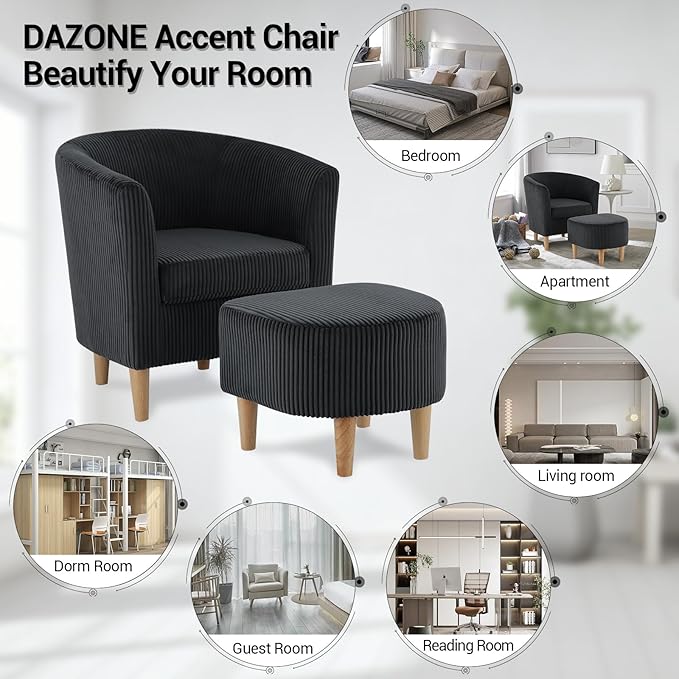 DAZONE Accent Chair, Barrel Chair with Ottoman Comfy Armchair Corduroy Living Room Chairs Mid Century Modern Chair Upholstered Club Tub Sofa Chair for Bedroom Reading Room Charcoal