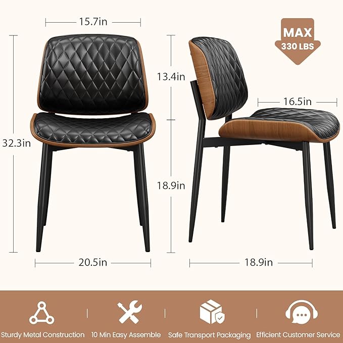 Dining Chairs Set of 6, Mid-Century Modern Upholstered PU Leather Chairs with Walnut Back and Metal Legs Adjustable Feet for Kitchen Dining Room, Black Diamond Plaid