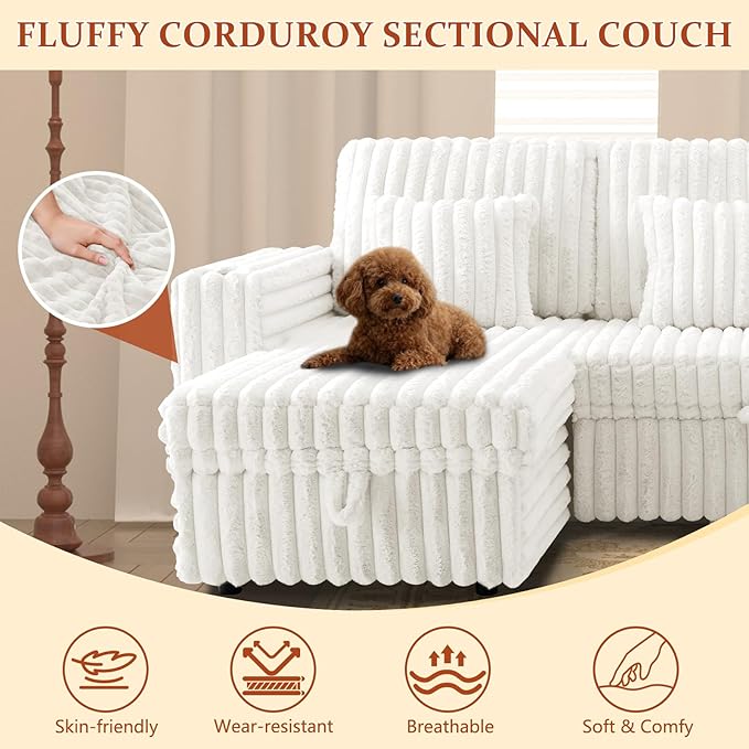 124" Sectional Sleeper Sofa with Pull Out Bed, Comfy Fluffy Plush Corduroy Cloud Sectional Couches for Living Room, U Shaped Modular Couch with Storage Chaise, Cup Holder & USB Charger, Beige