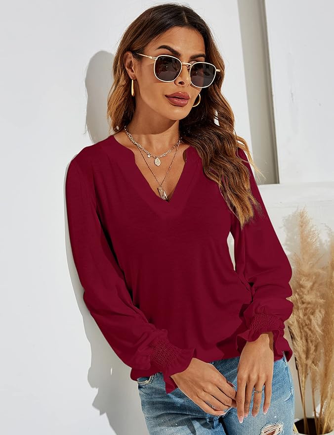 Romanstii Women's Casual V-Neck T-Shirts Loose Puff Long Sleeve Tops Tunic Blouses