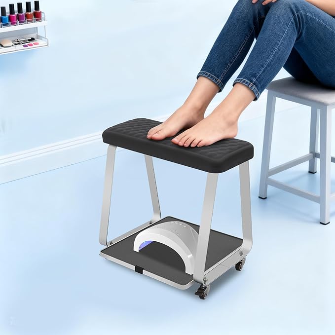 Pedicure Foot Rest, Portable Nail Salon Footrest with Organizer Tray, 110LBS Load Capacity, Lockable Casters for Beauty Nail Salon, Spa, Home, Clinic (Black)