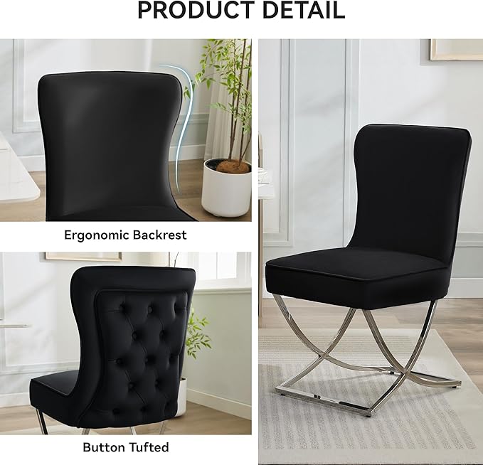 WUTUTUEE Luxury Velvet Dining Chairs, Tufted Upholstered Armless Accent Chairs with Silver Metal X-Legs, Modern Glam Dining Room Chair Set of 4, Black