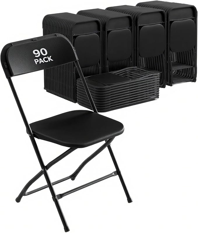 90 Pack Black Plastic Folding Chair for Indoor Outdoor, 350 lb Capacity, Foldable Commercial Stacking Chairs with Steel Frame for Office Wedding Party Events