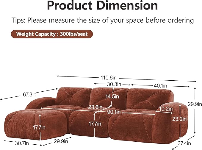 Modular Sectional Sofa with Free Combination,Boneless Floor Couch for Living Room & Lounge,Velvet 3-Seater Sectional Couch with Ottoman,No Assembly Needed
