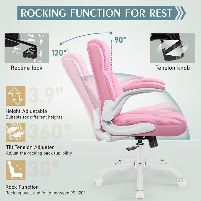 Leather Office Chair, PU Home Computer Desk Chairs with Ergonomic Back Support, 360°Swivel Free, Small Gaming Chair with Wheels and Adjustable Armrests, for Short People Use
