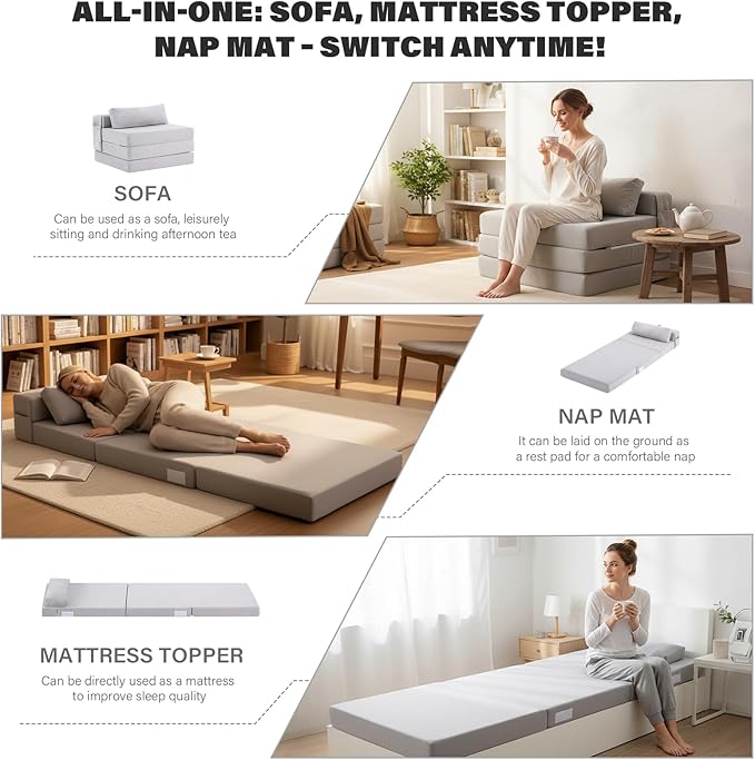 Tiita Folding Sofa Bed-Convertible Sleeper Chair with Storage Bag, Tri Foldable Mattress with Pillow, Portable Fold Out Chair Bed Floor Sofa for Living Room/Dorm/Guest Use/Travel, Single Size, Grey
