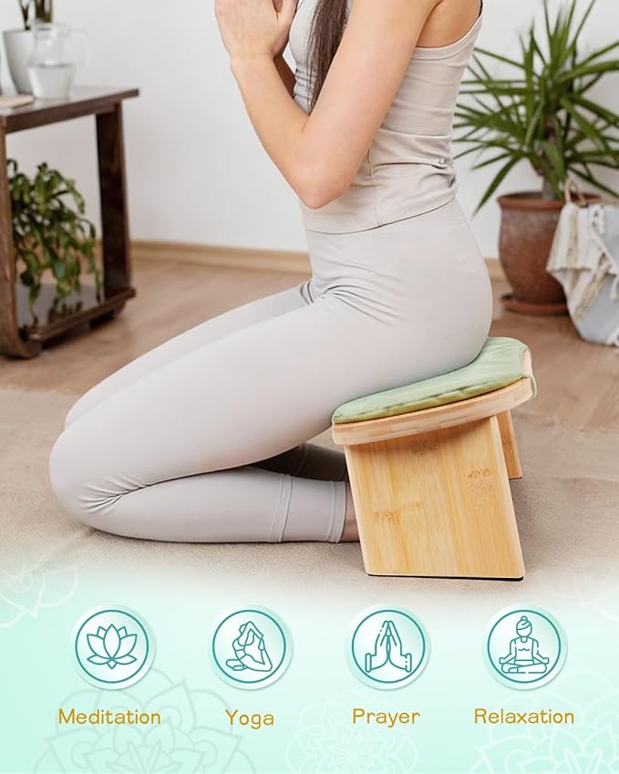 Hihealer Folding Bamboo Meditation Bench with Cushion & Carry Bag – Ergonomic Yoga and Prayer Stool for Comfort and Posture Support (Green)