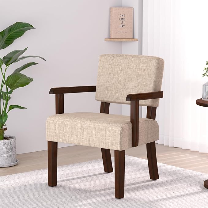 FAGAGA Accent Chair,Armchairs with Solid Wood Frame and Legs,Upholstered Reading Leisure Chair for Bedroom,Office,Waiting Room (Linen, Beige, One Chair)