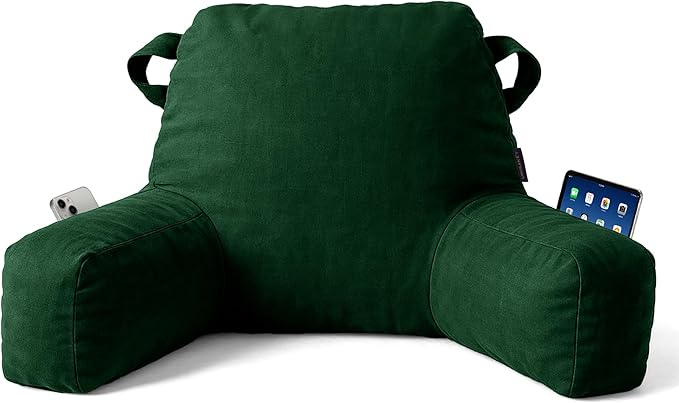 Unisakey Portable Comfy Reading Pillows for Bed Sitting Up(Dark Green Oeko-Tex), Velvet Back Pillow with Arms & Pockets for Adults, Support Memory Foam Bed Pillow for Dorm/Reading/Watching/Gaming