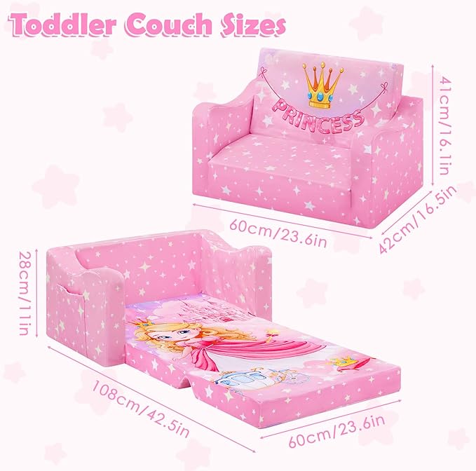 alldomess Comfy Kids Couch, 2-in-1 Folding Kids Sofa Bed for Toddler Girls, Convertible Sofa to Lounger Toddler Couch Chair for Baby Bedroom Playroom Nursery,Princess