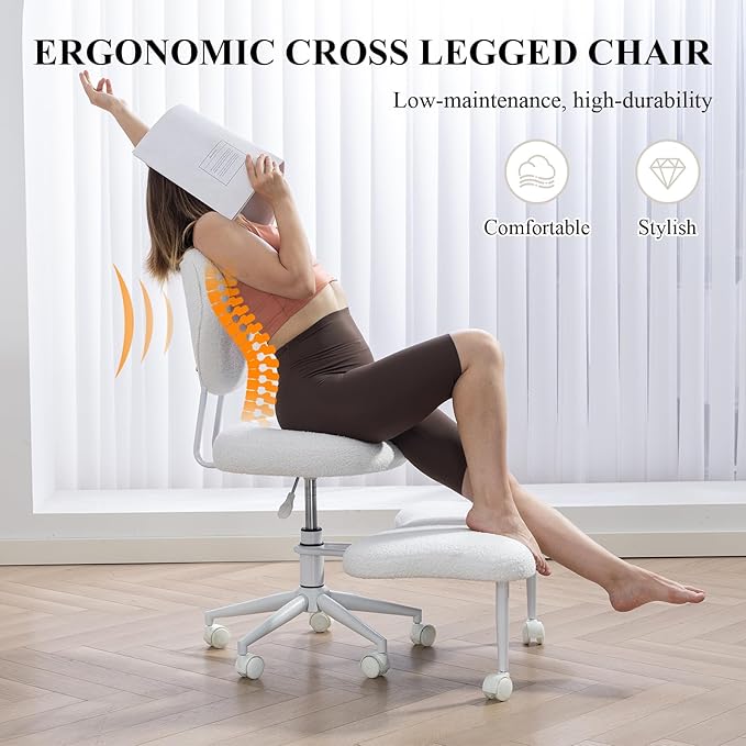 Sudwesto Ergonomic Cross Legged Chair, Teddy 360° Upholstered Swivel Meditation Chair with Wheels, Comfy Criss Cross Desk Chair for ADHD with Height-Adjustable for Office (White - Teddy)