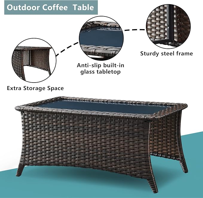 Rilyson Outdoor Patio Wicker Furniture Set - 6 Piece Rattan Patio Conversation Sectional Sofa Set with 1 Couch,2 Armchairs,2 Ottomans and 1 Glass Top Coffee Table for Porch Deck Garden(Brown/Red)
