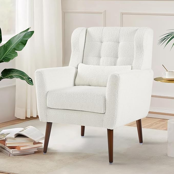 CHSICFOR Modern Accent Chair, Upholstered Arm Chair with Waist Pillow, Single Sofa Chair for Living Room Bedroom Small Spaces (White)