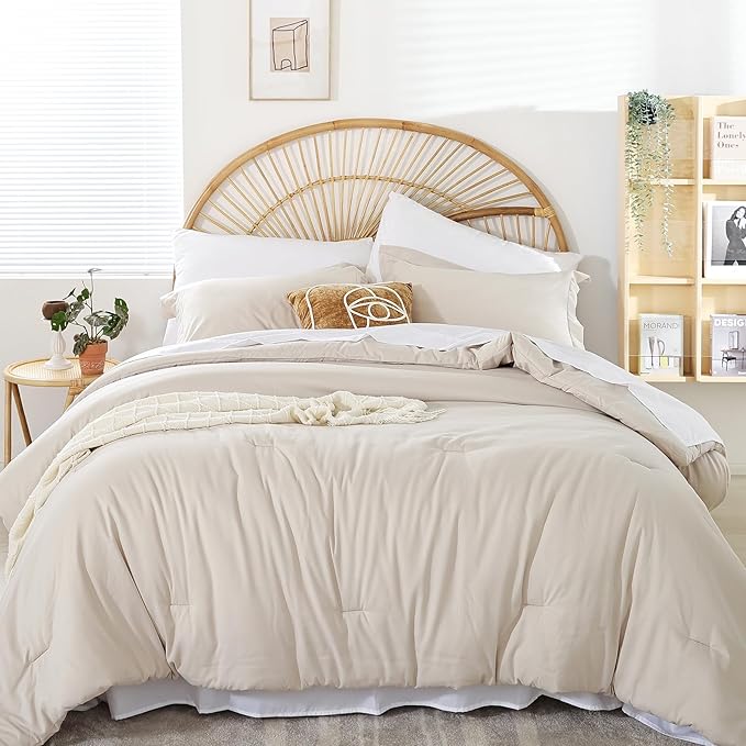 weigelia Queen Comforter Set 7 Pieces Beige Comforter Set Queen Size Bedding Set Soft Microfiber Comforter with Fitted Sheets, Flat Sheets, Pillow Shams, and Pillowcases