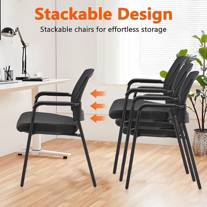 CLATINA Office Reception Guest Chair Mesh Back Stacking with Ergonomic Lumbar Support and Thickened Seat Cushion for Waiting Conference Room Black 4 Pack