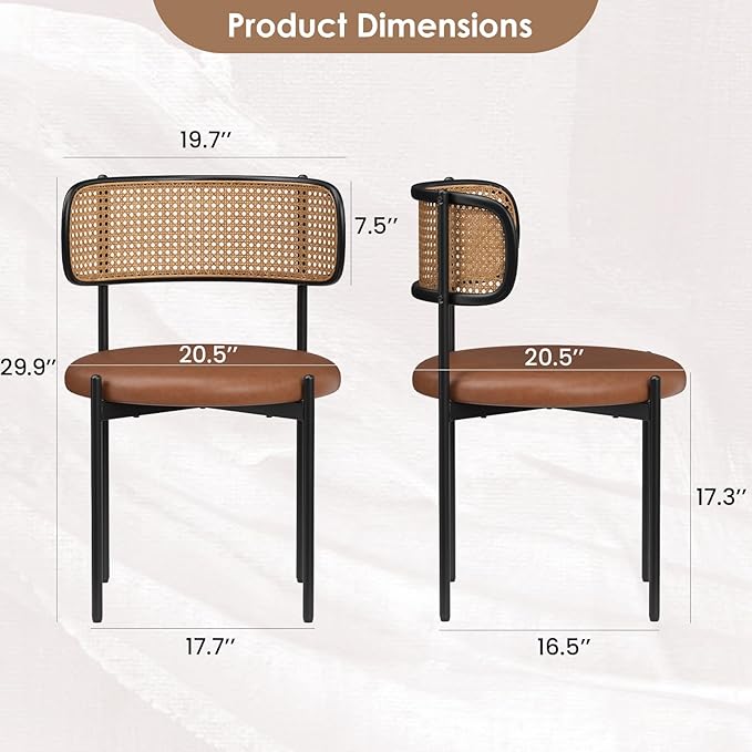 Farini Dining Chairs Set of 4, PU Leather Upholstered Seat with Woven Rattan Back, Sturdy Metal Legs Modern Side Chairs for Kitchen Living Room Restaurant, Brown
