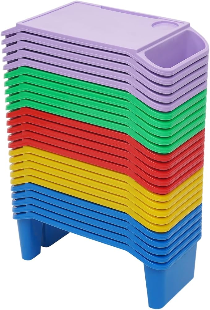 Kids Lap Desk Tray, 25-Pack Stackable Activity Trays with Cup Holder & Phone Slot for Kids, Sturdy PP Table for Reading, Eating, Preschool & Daycare (25-Pack, Color B)