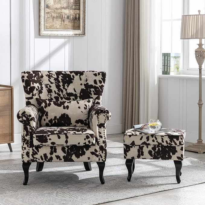 Janoray Mid Century Modern Accent Chair Upholstered Armchair Comfy Velvet Tufted Wingback Single Sofa with Ottoman for Bedroom Living Room, Cow