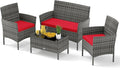 RELAX4LIFE 4-Piece Patio Furniture Set - Rattan Outdoor Conversation Bistro Set w/Cushions, Glass Coffee Table, Wicker Chairs & Loveseat for Garden Backyard Porch, Balcony Furniture (1, Mix Grey-Red)