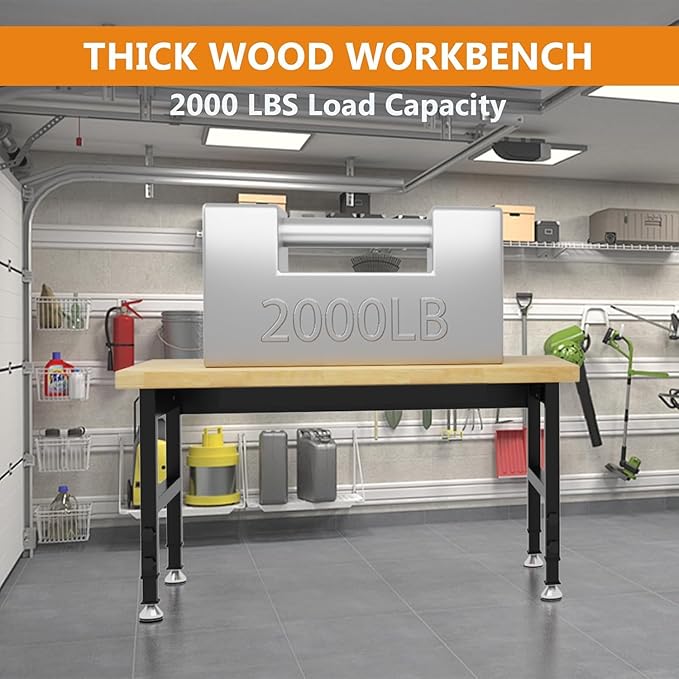 48" Heavy Duty Work Bench, Adjustable Height Workbench, 2000 LBS Load Capacity Work Table for Garage, Workshop, Office, Home